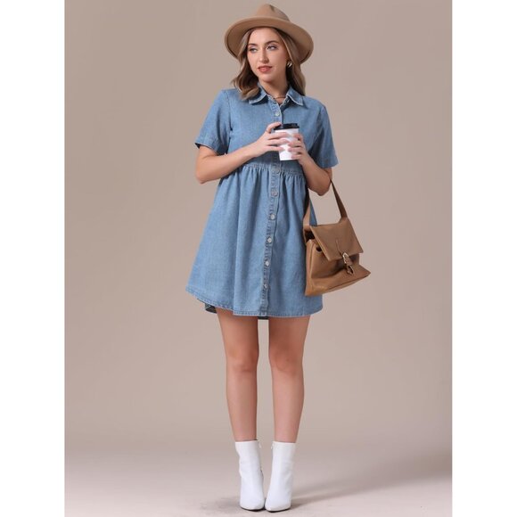 Women's Plus Size Denim Dress Babydoll Short Sleeve Button Down Mini - Picture 6 of 6